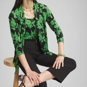 Chico's Dark Green Floral Open Cardigan